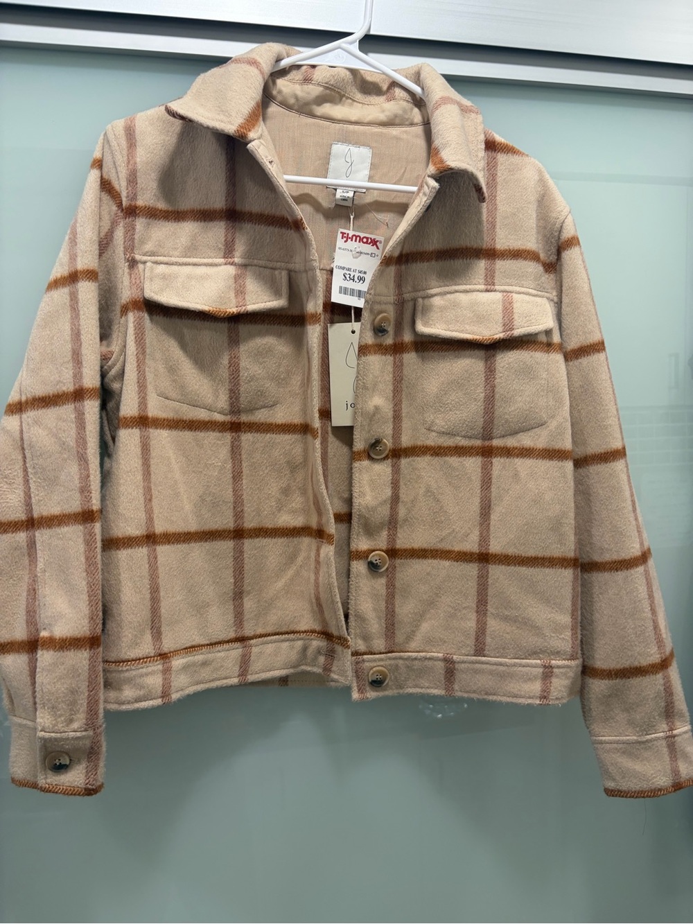 Joie Beige Plaid Button-Front Shacket with Rust Windowpane